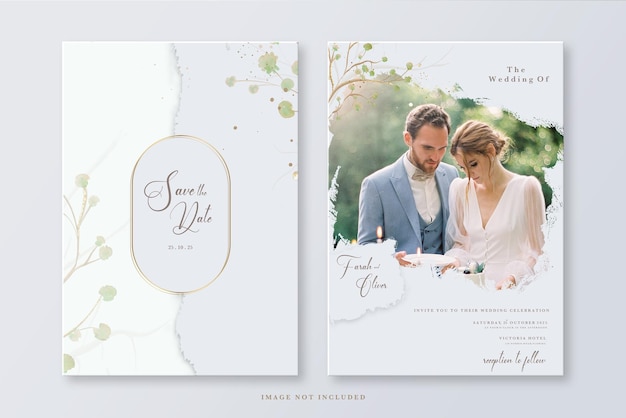 A wedding invitation with a photo of a couple in a garden.