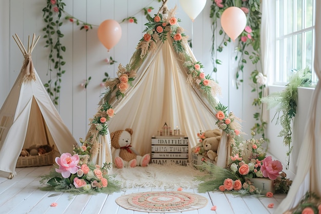 Adorable baby girl birthday teepee decorated with flowers