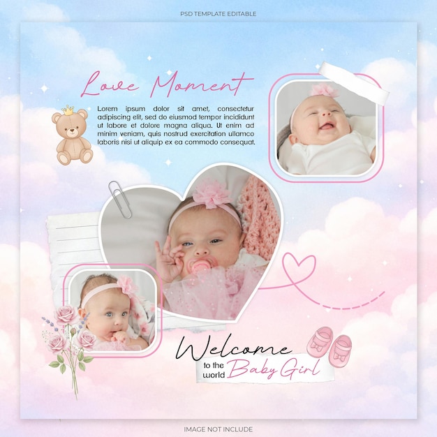 Adorable baby girl photo collage for welcome announcement