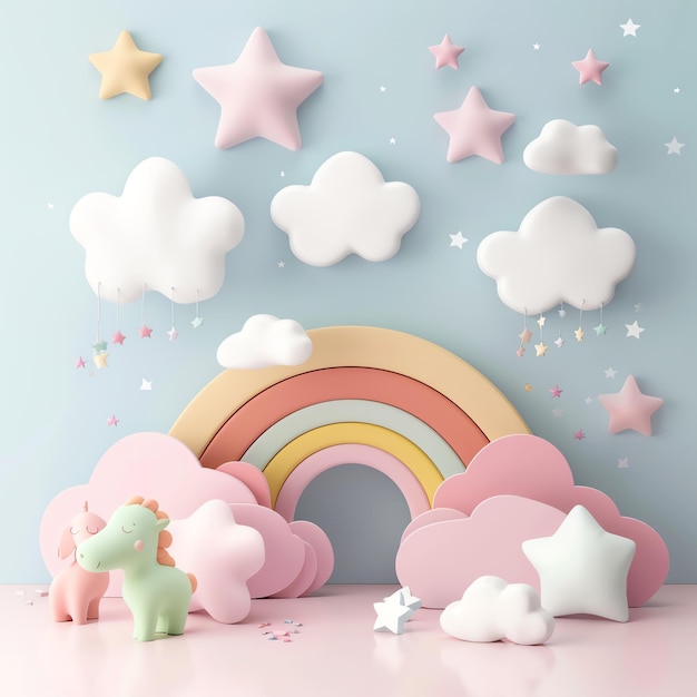 Baby rainbows and stars with colorful clouds and dreamy background digital backdrop neutral lighting ultrawide shot photorealistic high quality