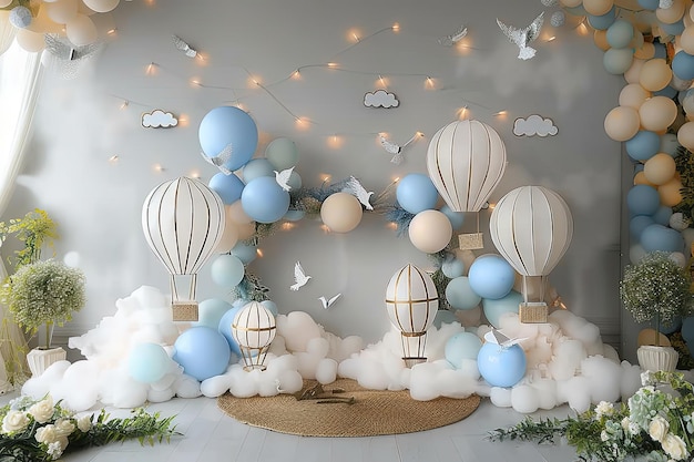 Balloons and clouds in the sky with a string of lights