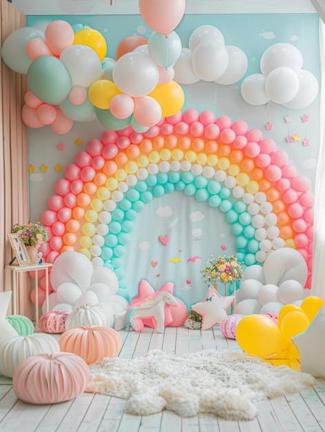 Birthday backdrop arrangement with vibrant colored balloons rainbow and clouds