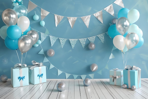 Blue and silver birthday party decor