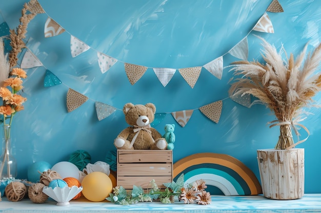 Boho rainbow with teddy bear and wooden box birthday background