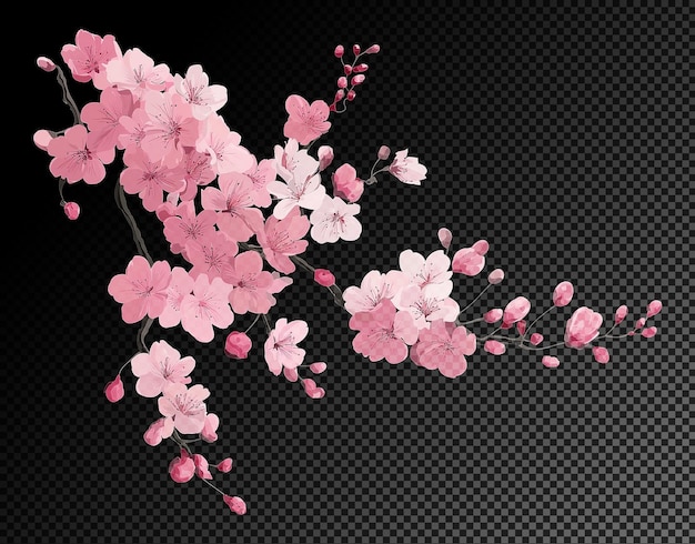 Cherry blossom branch pink flowers on transparent background