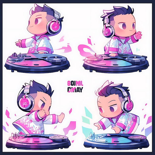 Colorful male chibi kawaii dj edm fashion neon colors vinyl records t creative collections design