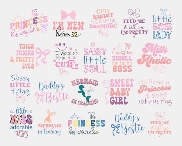 Cute princess and mermaid themed slogan asset set