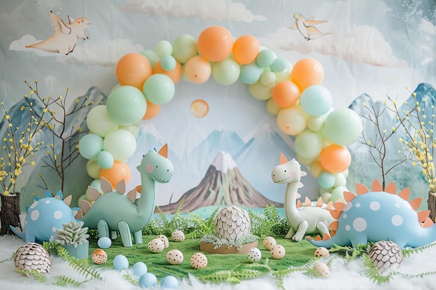 Dinosaur birthday party decorated easter background