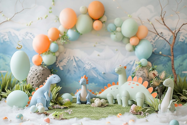 Dinosaur birthday party decorated easter background