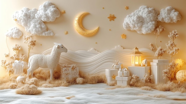 Eid al adha islamic decoration background with goat sheep arabic lantern crescent moon ramadan
