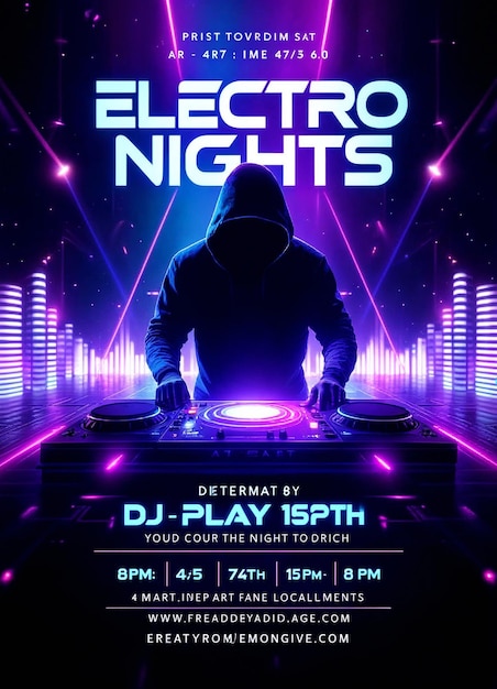 Electro nights event poster design with neon lights and dj illustration