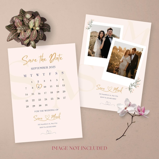 Elegant save the date announcement with a calendar and couples photos