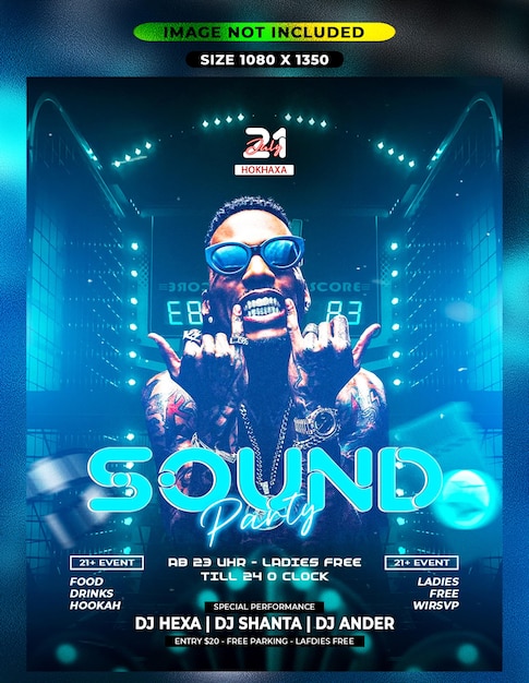 Energetic neon sound party flyer with dj lineup