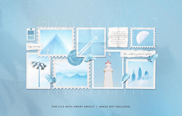 Fashion photo paper frame blue pastel collage moodboard mockup