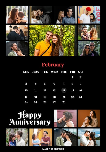 February anniversary calendar with romantic couple photo collage
