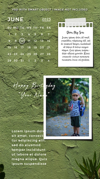 Happy birthday my son june 2025 calendar and photo card