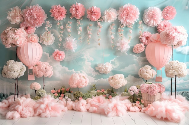Hot air balloon set up backdrop for baby professional photography