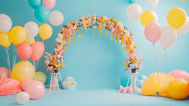 Image of a photoshoot backdrop with a balloon arch with a birthday theme for children with no people