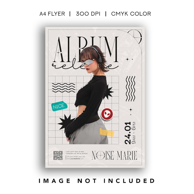 Modern album release flyer template with geometric shapes and female model