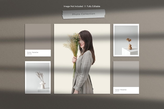 Paper frame photo and mood board scene creator mockup with shadow overlay and color palette