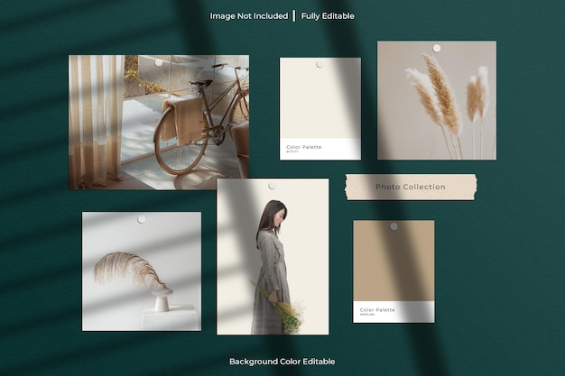 Paper frame photo and mood board scene creator mockup with shadow overlay and color palette