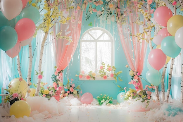 Pastel fairytale spring window decor with balloons and birch for childrens birthday backdrop