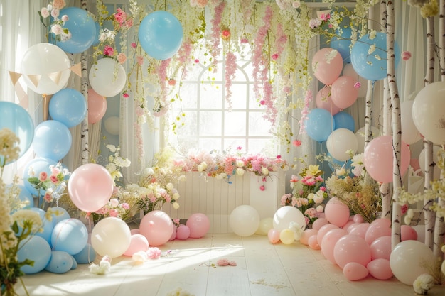 Pastel fairytale spring window decor with balloons and birch for childrens birthday backdrop