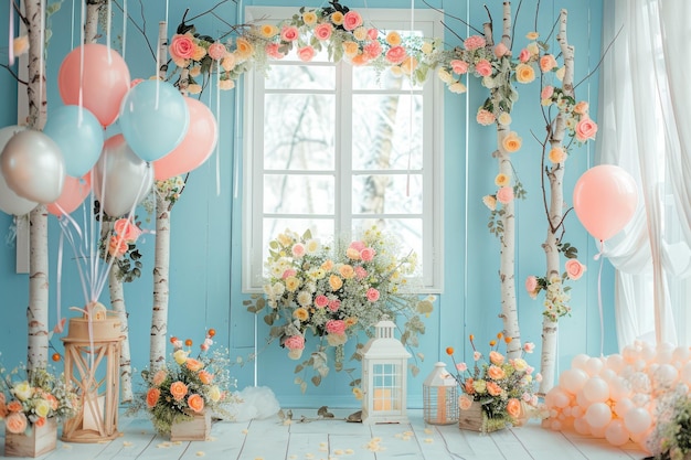 Pastel fairytale spring window decor with balloons and birch for childrens birthday backdrop