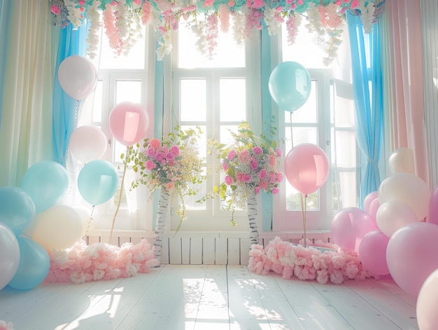 Pastel fairytale spring window decor with balloons and birch for childrens birthday backdrop
