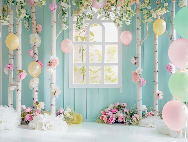 Pastel fairytale spring window decor with balloons and birch for childrens birthday backdrop