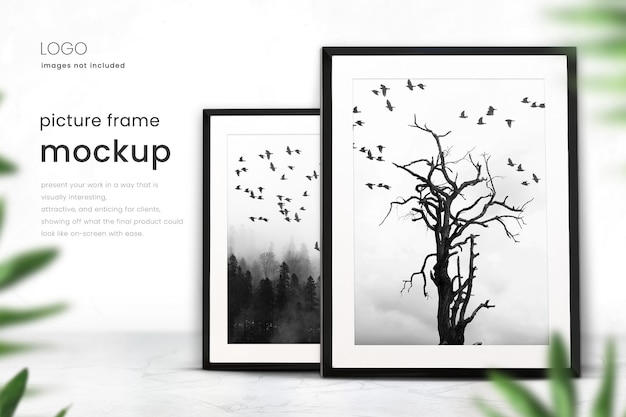 Picture frame mockup template of two photo frames on marble floor