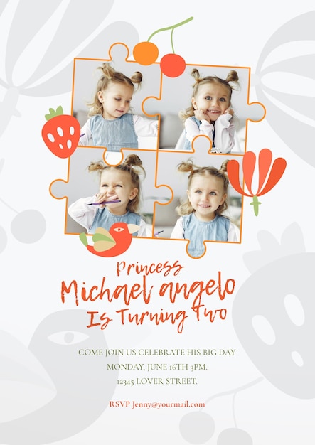 Puzzle photo frame with floral and fruit doodle clipart birthday invitation