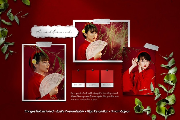 Red realistic and minimalist moodboard polaroid photo paper frame mockup with shadow overlay