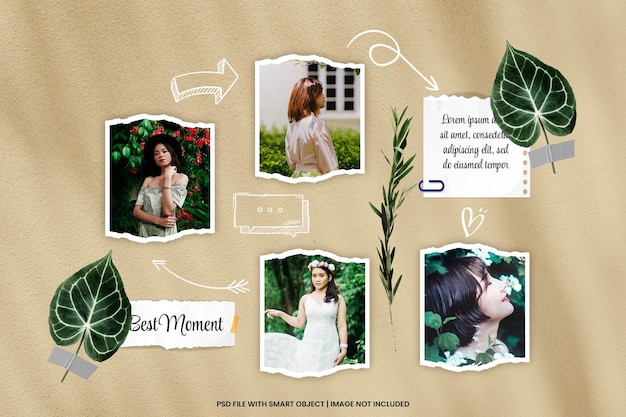 Ripped photo frame mockup with doodle ornament