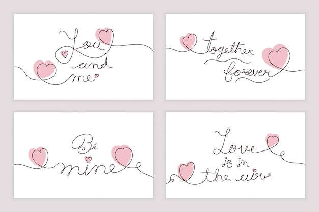 Romantic continuous line love quotes cards for valentines day