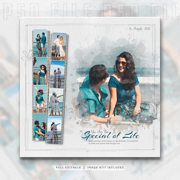 Romantic couple photo album template with watercolor effect
