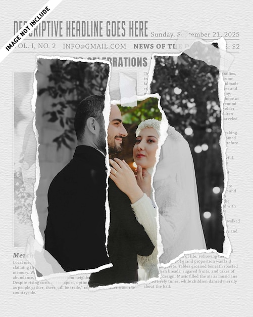 Torn newspaper style wedding photo collage with romantic couple