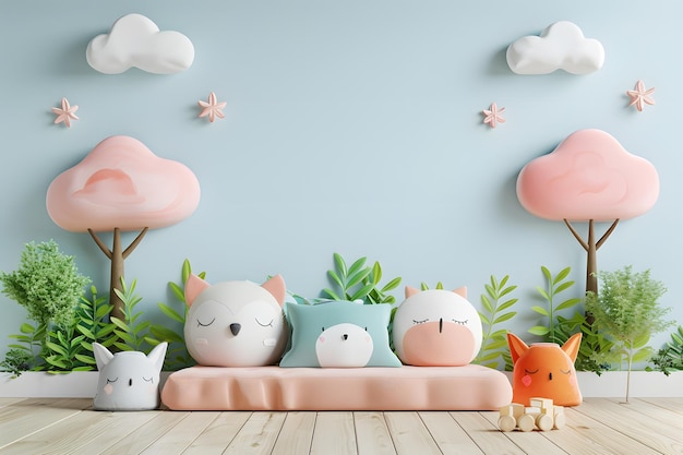 Whimsical plush animal decor in a cozy room setting